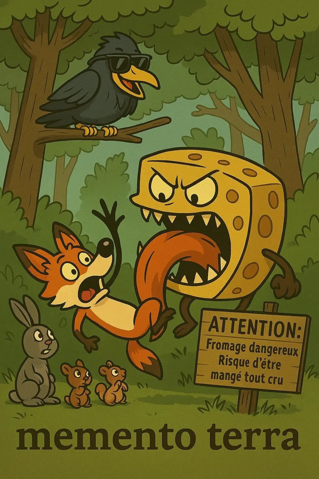 Illustration humoristique inspirée de la fable du corbeau et du renard, signée Memento Terra.