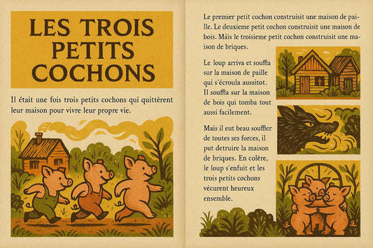 Page illustrée du conte "Les Trois Petits Cochons", évoquant la narration visuelle comme un vêtement porteur d’histoire.
