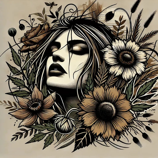 Portrait artistique d’une femme au regard fermé, entourée de fleurs sauvages, symbole d’élégance engagée.
