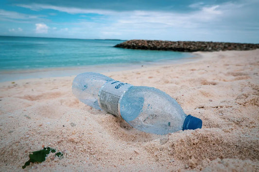 Bouteille en plastique abandonnée sur une plage de sable, symbole de la pollution des océans.