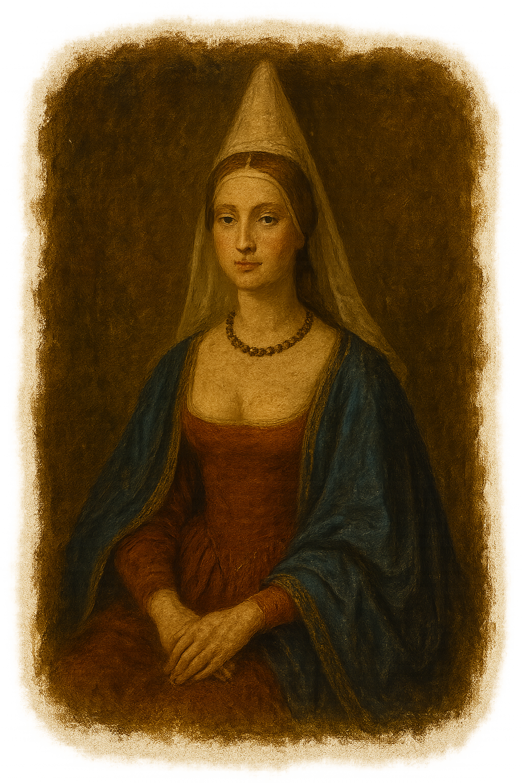 Portrait historique d'Agnès Sorel, Dame de Beauté, vêtue d'une robe rouge et d'un manteau bleu, coiffée d’un hennin, assise avec les mains croisées, dans un style Renaissance sur fond sombre