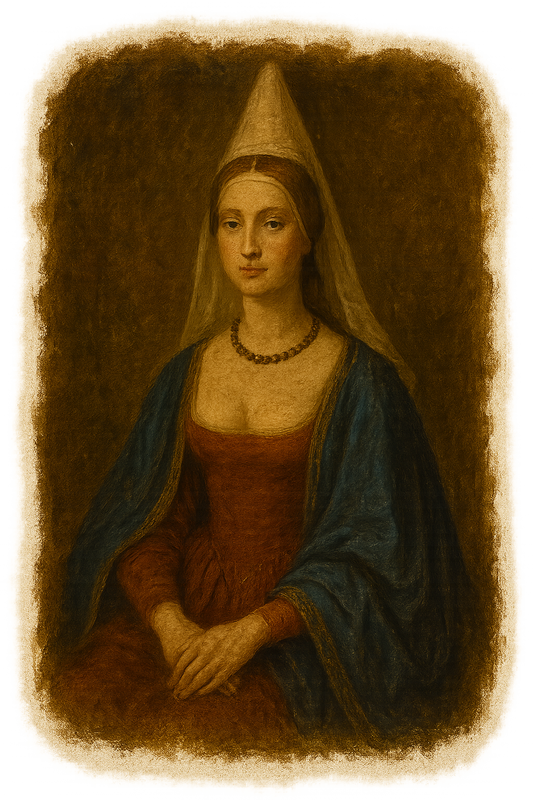 Portrait historique d'Agnès Sorel, Dame de Beauté, vêtue d'une robe rouge et d'un manteau bleu, coiffée d’un hennin, assise avec les mains croisées, dans un style Renaissance sur fond sombre