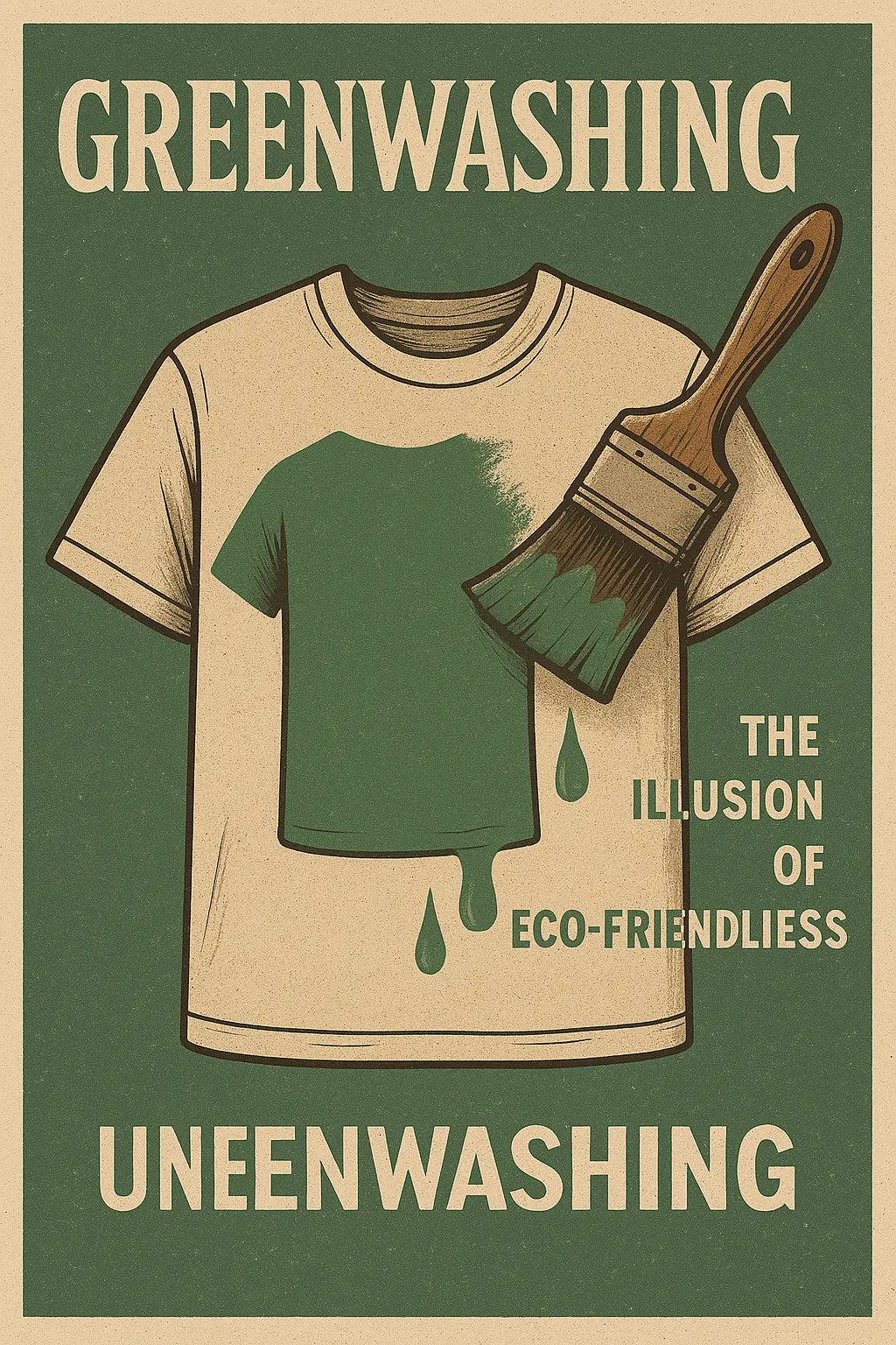 Affiche dénonçant le greenwashing dans la mode, avec un t-shirt partiellement peint en vert.
