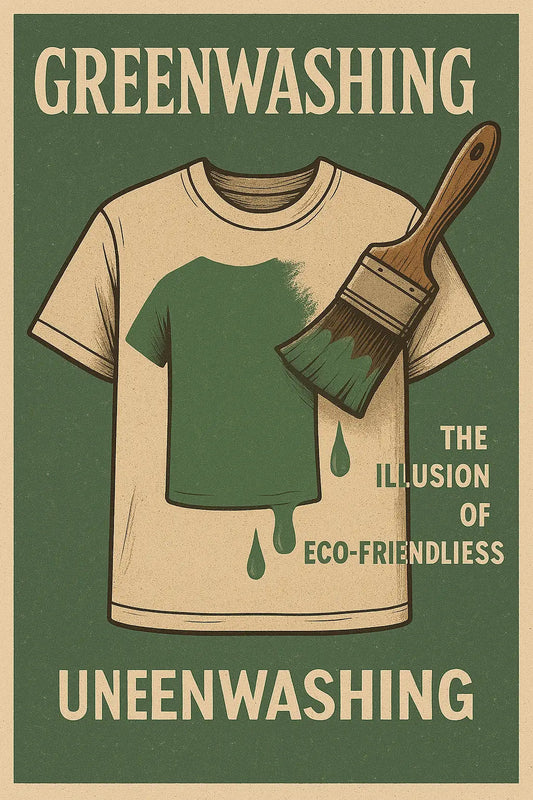 Affiche dénonçant le greenwashing dans la mode, avec un t-shirt partiellement peint en vert.