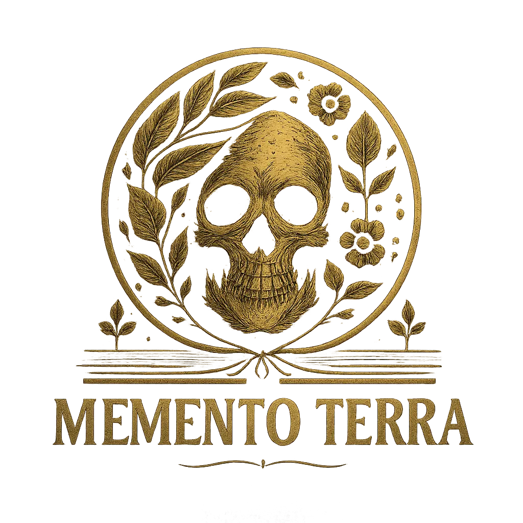 Logo de Memento Terra représentant un crâne entouré de fleurs et de feuilles, symbole de la vie, de la mort et de la nature.