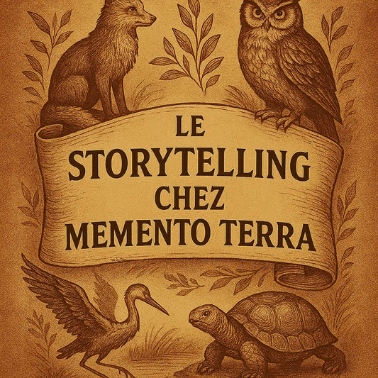 Illustration vintage avec des animaux symboliques autour d’un parchemin affichant le titre "Le storytelling chez Memento Terra".