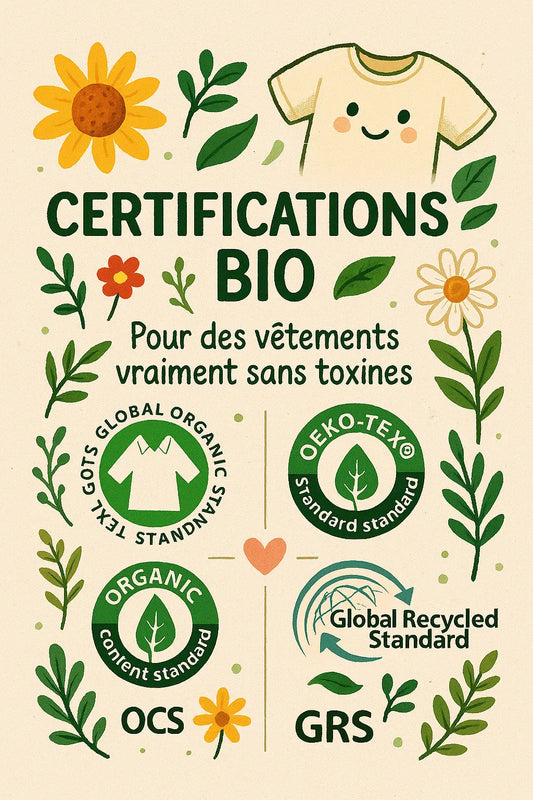Affiche illustrée des principales certifications bio textiles : GOTS, Oeko-Tex, OCS, GRS.