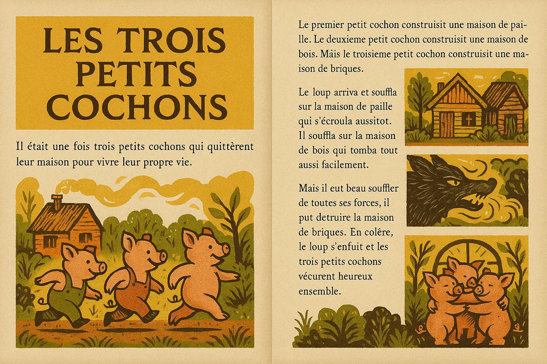 Page illustrée du conte "Les Trois Petits Cochons", évoquant la narration visuelle comme un vêtement porteur d’histoire.