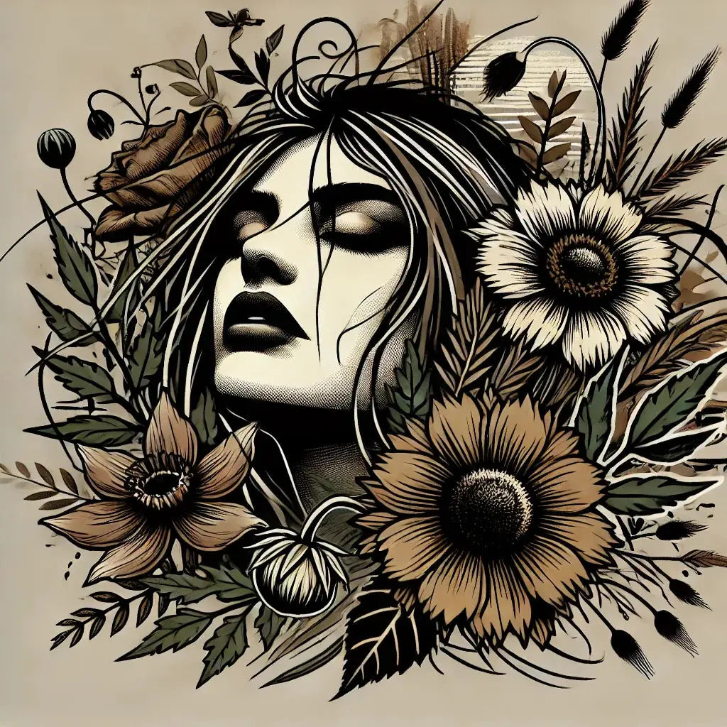 Portrait artistique d’une femme au regard fermé, entourée de fleurs sauvages, symbole d’élégance engagée.