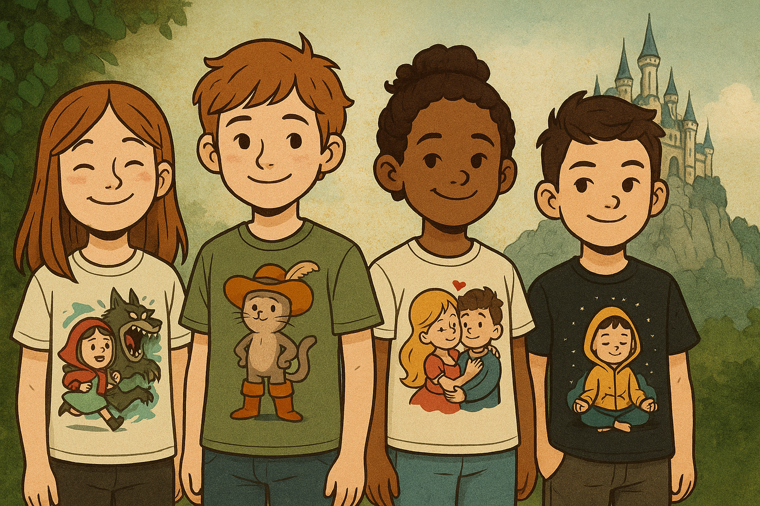 Illustration de quatre enfants stylisés portant des T-shirts graphiques inspirés de contes et légendes, dans un univers artistique streetwear engagé