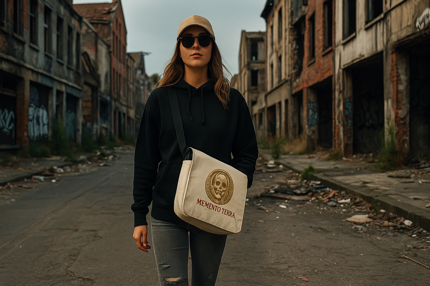 Jeune femme en streetwear branché portant un sac Memento Terra en bandoulière, marchant avec assurance dans une ville délabrée, ambiance urbaine contrastée